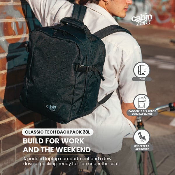 CabinZero Classic Tech Backpack 28L, Underseat-Approved with External Laptop Compartment, Water Bottle Pocket