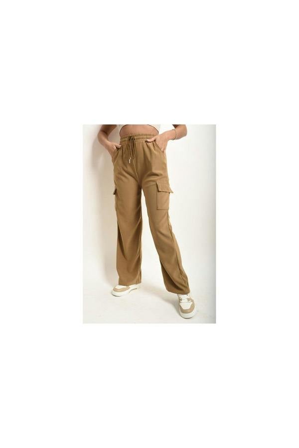 Faye Wide Leg Drawstring Waist Flap Pocket Trouser - Mocha
