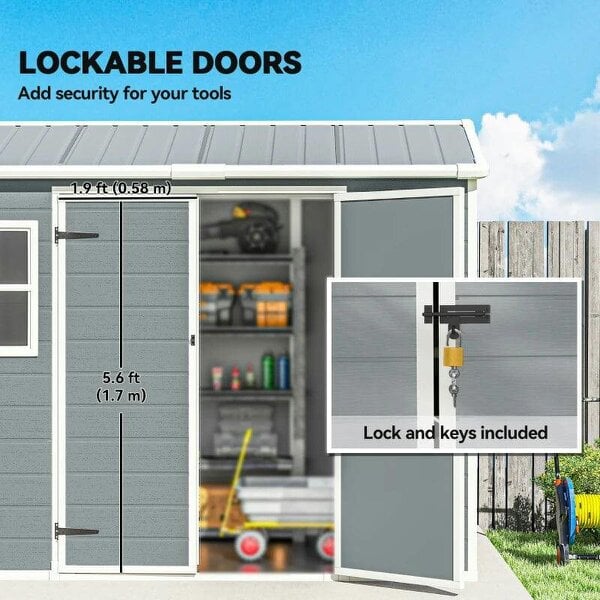 8 x 4 ft Plastic Garden Shed, Wood-Effect Outdoor Storage Shed with Floor, Windows, Lockable Doors and Vents, Light Grey
