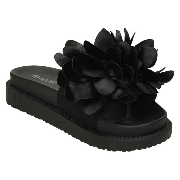 Spot On Ladies Spot On Flower Ruffle Vamp Sliders F10899