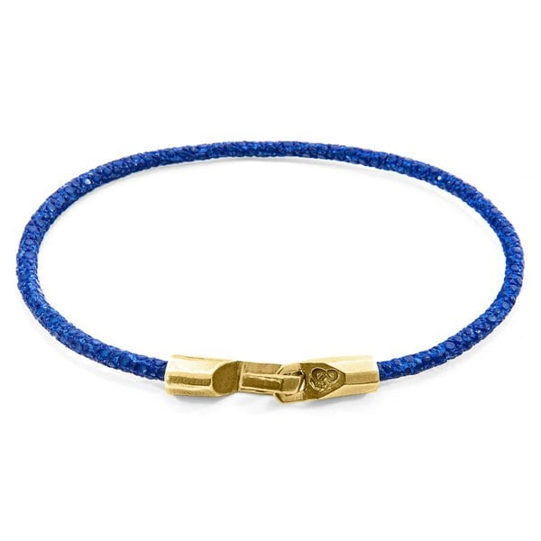 Anchor & Crew Azure Blue Talbot 9ct Yellow Gold and Stingray Leather Bracelet