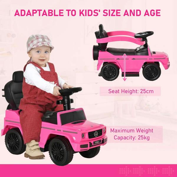 Pink kids ride-on push car with steering wheel, pedals, and adjustable seat