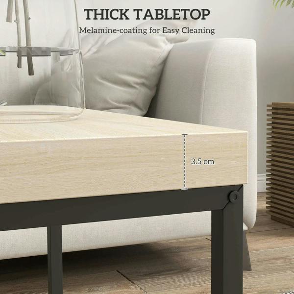 3.5 cm thick oak-look tabletop on black steel frame; close-up of tabletop edge