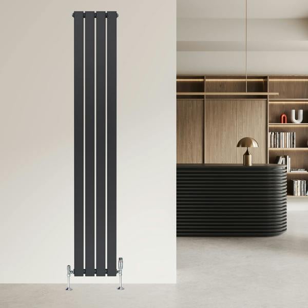 Flat single column radiator in anthracite grey, 1800 x 280mm, featuring a sleek vertical design against a modern interior backdrop