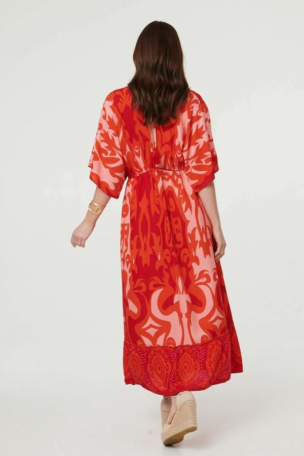 Red | Abstract 3/4 Sleeve Relaxed Maxi Dress