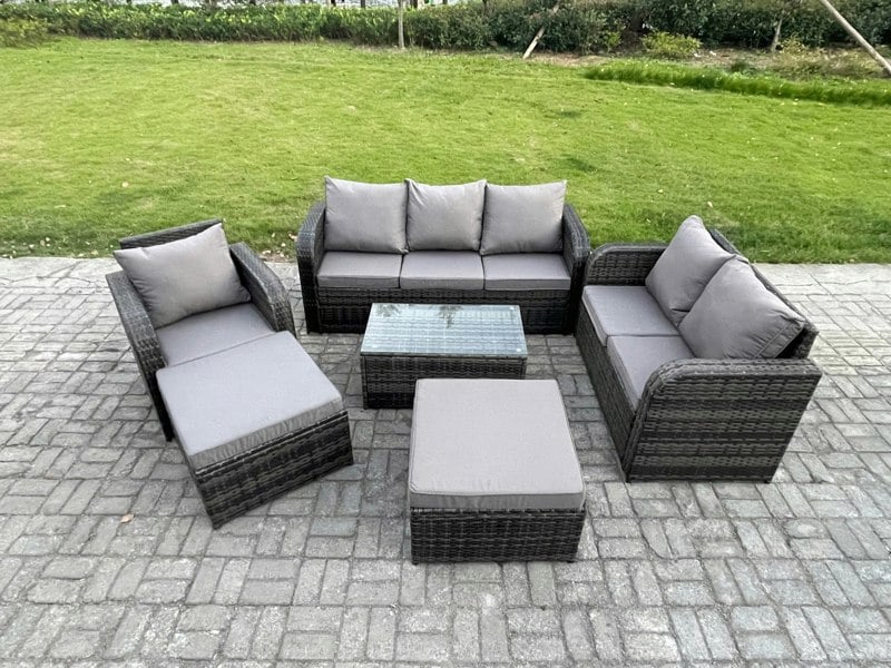 Fimous 8 Seater Garden Furniture Set Rattan Outdoor Lounge Sofa Chair With Tempered Glass Table 2 Big Footstool Dark Grey Mixed