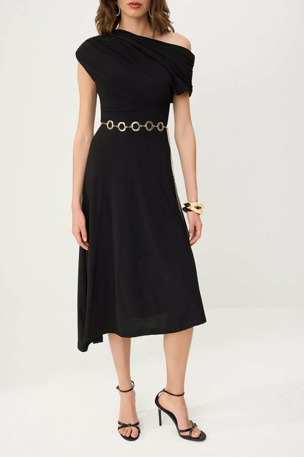 WOVCOR Off Shoulder Ruched Sleeve Chain Belt Midi Party Dress
