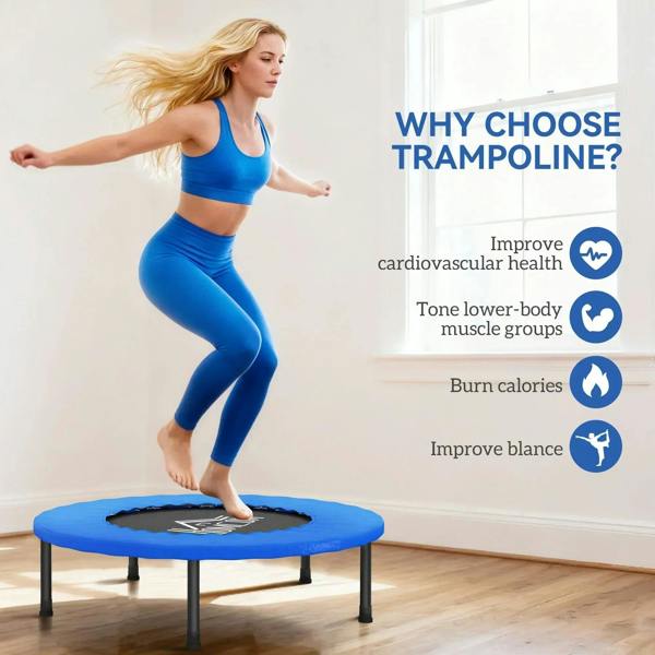 Blue mini trampoline with black jumping mat and protective pad, supported on four legs