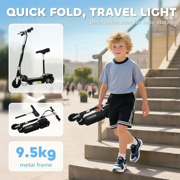 Black ride-on e-scooter with padded seat and quick-fold design, kid outdoors.