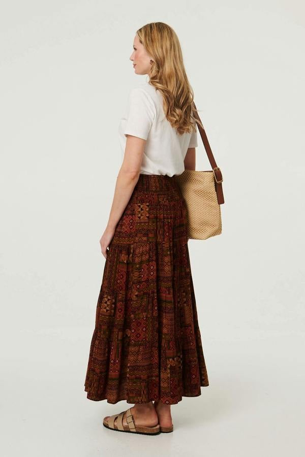 Brown | Patchwork Print High Waist Maxi Skirt