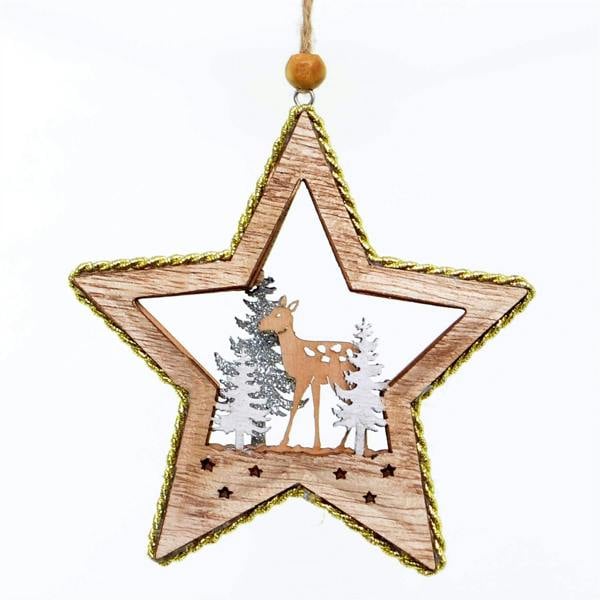 10 x 11 cm Wooden Christmas Hanging Decoration with Standing Deer and Star Shape image 1