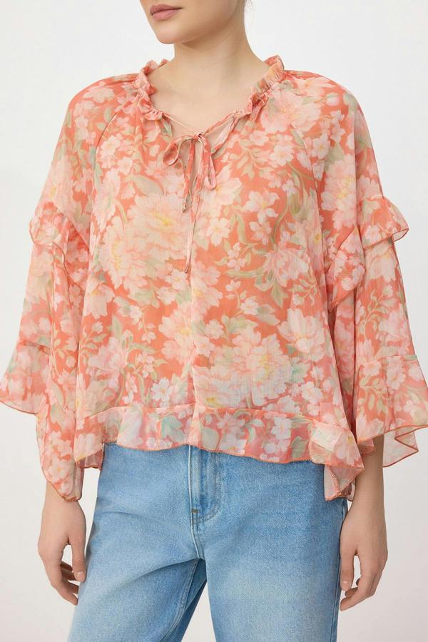 WOVCOR V Neck Raglan Sleeve Frill Detail Sheer Blouse