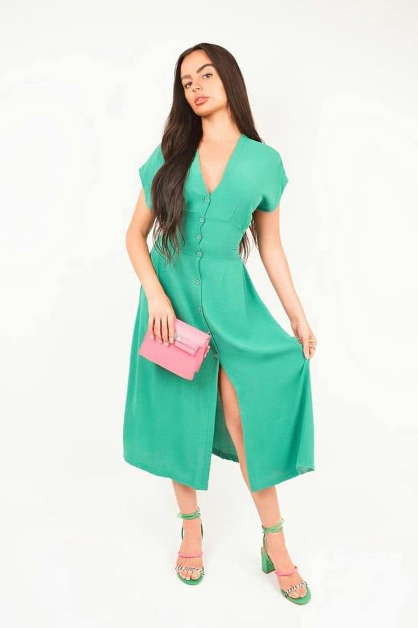 Reeva Button Down Cap Sleeve Midi Dress - Green