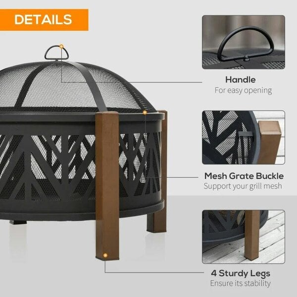 Bobobiy Metal Large Firepit Bowl Outdoor 2-In-1 Round Fire Pit Brazier with Lid, BBQ Grill, Poker for Backyard, 78 x 60cm, Black, 78 x 78 x 60cm