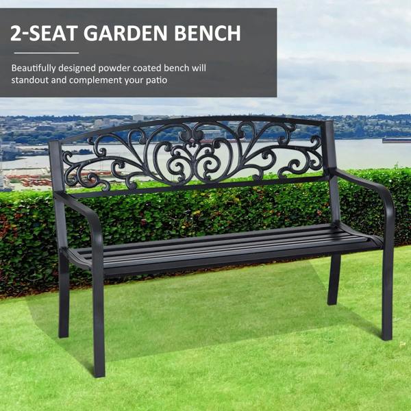 Black steel garden bench with ornate scroll back, slatted seat, and curved armrests