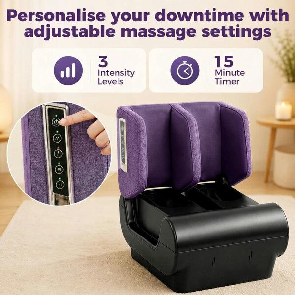 2 in 1 Foot and Calf Massager with Heat, Air Compression, Timer, 3 Modes & Intensities, Purple and Black