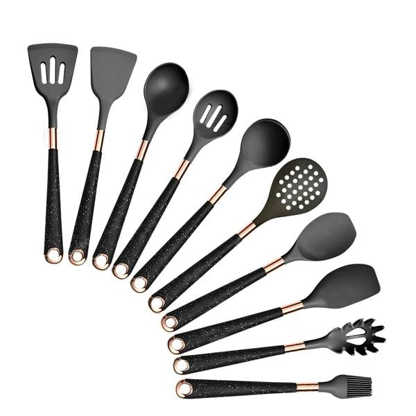 Anygleam Kitchen Utensils Non-stick Black 10 Set Gold Plated Handle with Support Point Cooking Tool Accessories Heat Resistant Kitchenware