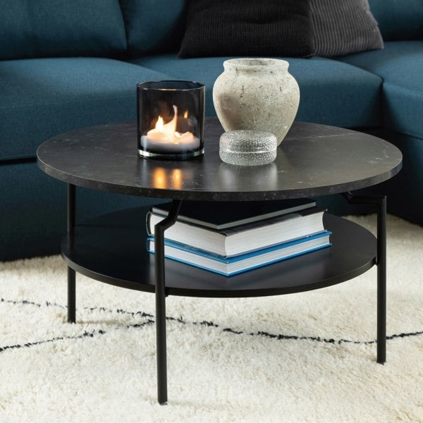Furniture To Go Goldington Round Coffee Table with Black Marble Melamine Top & Black Legs