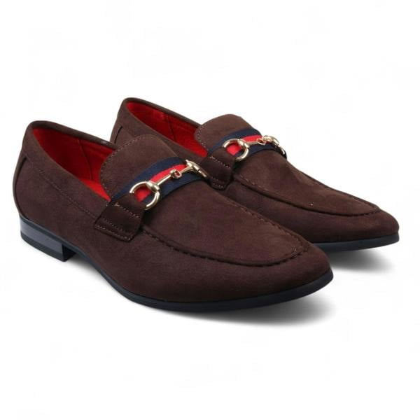 Dolcetto Men's Suede Loafers with Gold Buckle Slip-On Dress Shoes