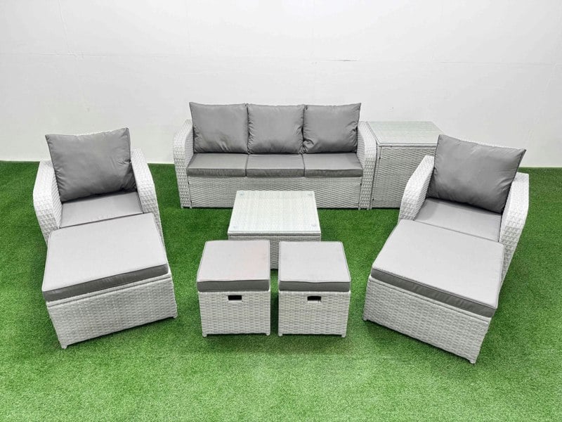 Fimous Outdoor Garden Furniture Set PE Rattan Lounge Sofa Set with Coffee Table 3 Seater Sofa 4 Footstools Side Table Light Grey