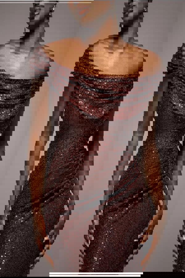 Cap Sleeve Iridescent Sequin Cowl Maxi Dress - Brown DR4633