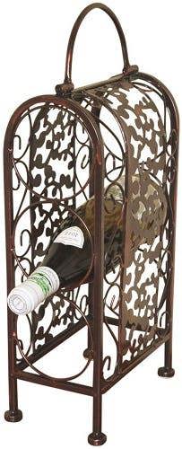The Garden Marketplace Decorative Wine Rack for 3 Bottles, Antique Style Metal Frame with Carry Handle, Antique Bronze Effect Finish, Rubber Feet