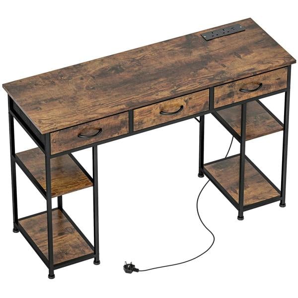 Rustic brown computer desk with power outlets, two drawers, and open side shelves