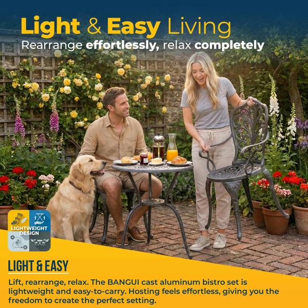 Homeology BANGUI Grey Luxurious Garden and Patio Table and 2 Large Chairs with Armrests Cast Aluminium Bistro Set