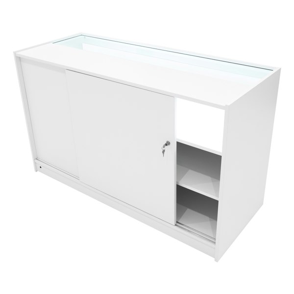 Demeter LED Shop Counter Set in white, featuring a sleek design, sliding door, glass top, and open shelving for display storage