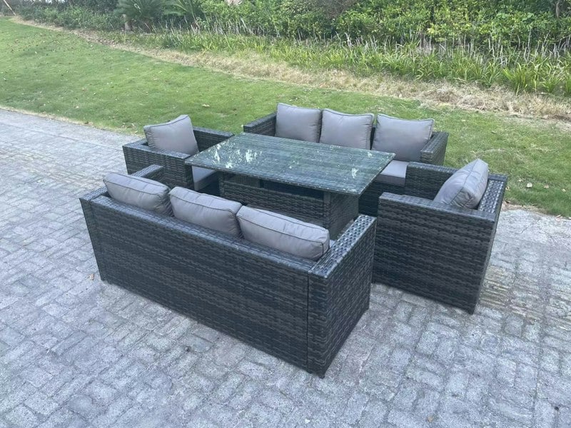 Fimous Outdoor Lounge Sofa Rattan Garden Furniture Set Patio Armchair and Rectangular Dining Table 8 Seater Dark Grey Mixed