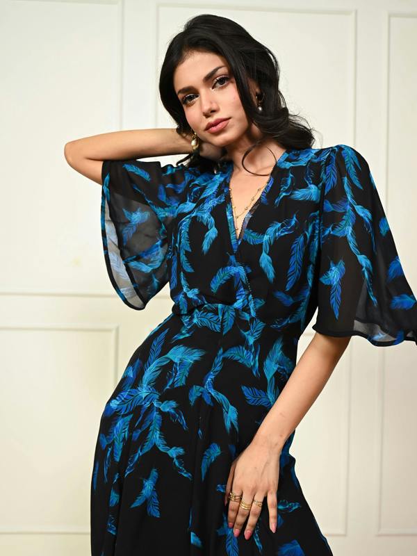 Rose & Nancy Talia Black Feather Print Maxi Dress