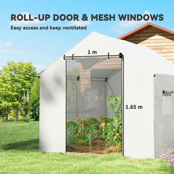 White walk-in greenhouse with roll-up door and mesh windows for ventilation