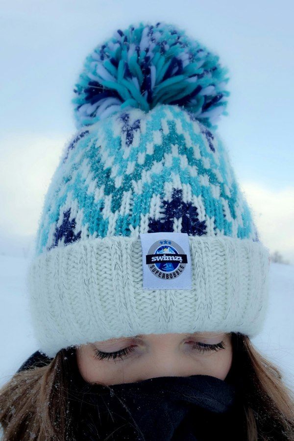 SuperBobble Andrea Hall Alpine Zig-Zag Beanie Bobble Hat - Blue