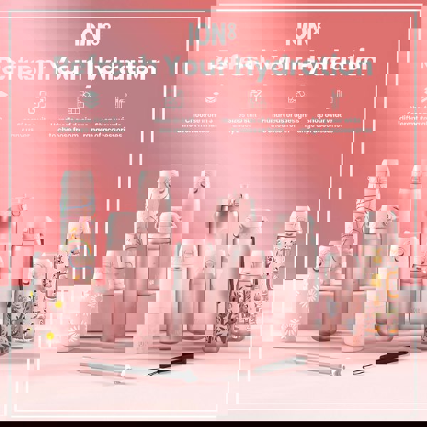 Several pink ION8 water bottles, varying in size and design, are displayed on a pink surface. Accessories are shown; the text reads: "ION8 Refresh Your Hydration. Choose from 3 different materials. Sizes to suit any user. Hundreds of designs to choose from. Shop our wide range of accessories."