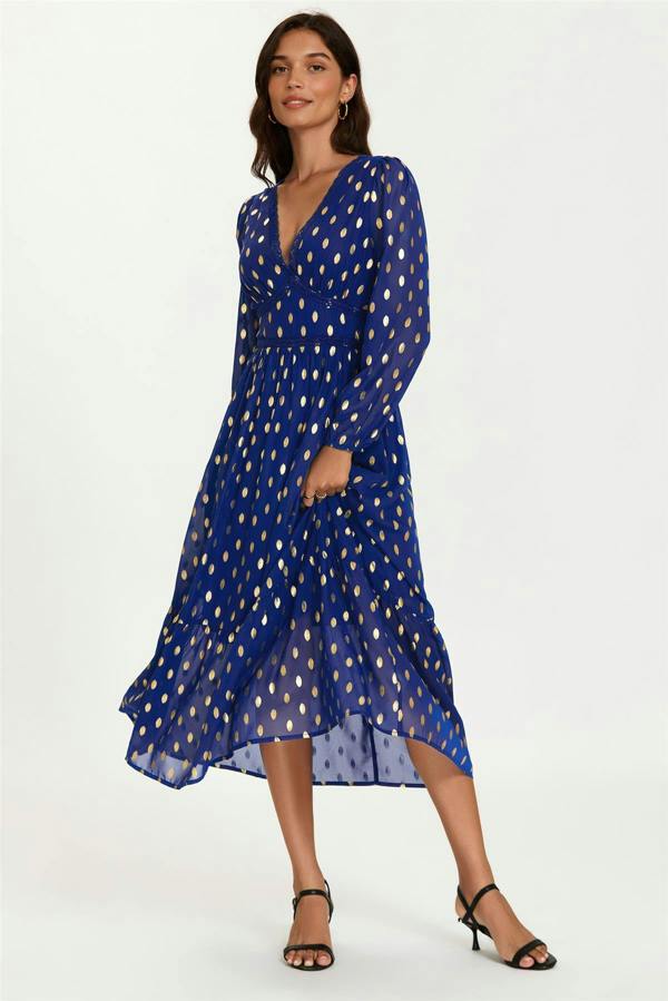 FS Collection Lace Trim Foil Long Sleeve Maxi Dress In Royal Blue
