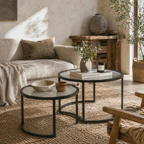 Wyld Haus Nase Black Metal And Glass Clear Set Of 2 Nesting Coffee Tables