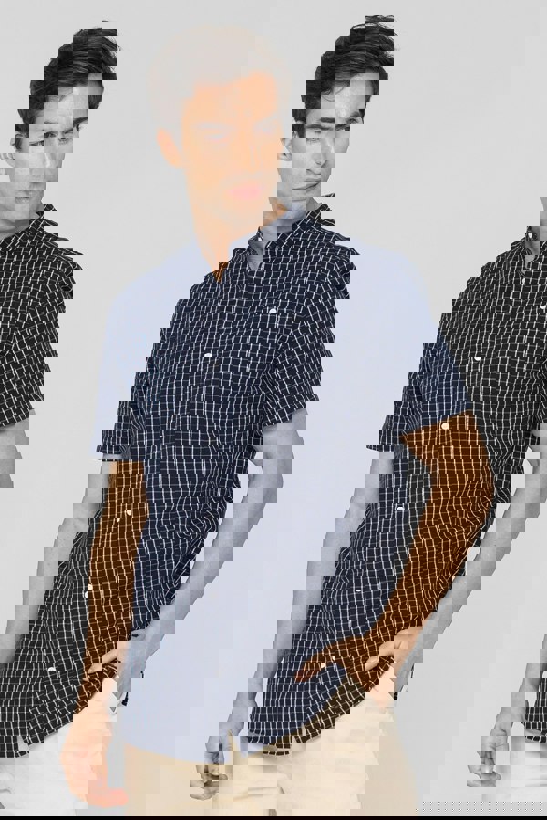 ENORSIA Black Check Grandad Collar Short Sleeve Shirt