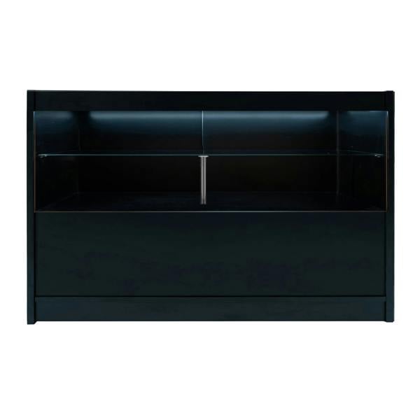 Black Phoenix LED shop counter set featuring sleek design, glass shelves, and modern lighting for retail display and organization