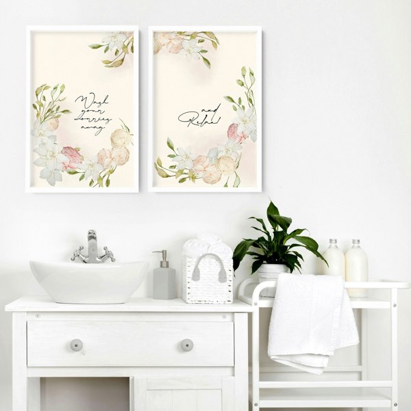 Bathroom art prints | Set of 2 Pink blooms wall art