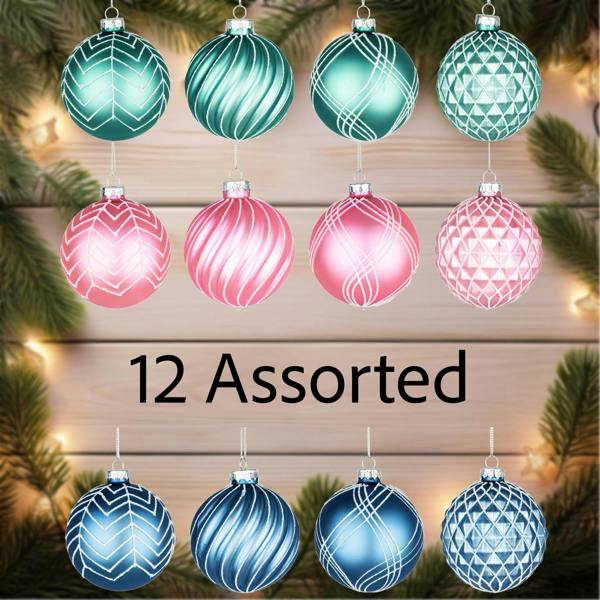 8cm Glass Christmas Baubles 12 Pack in Assorted Green, Pink and Blue Festive Designs image 5