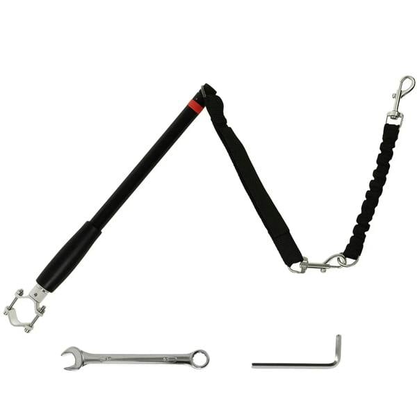 Black bicycle dog leash with adjustable strap, metal clips, and included wrenches