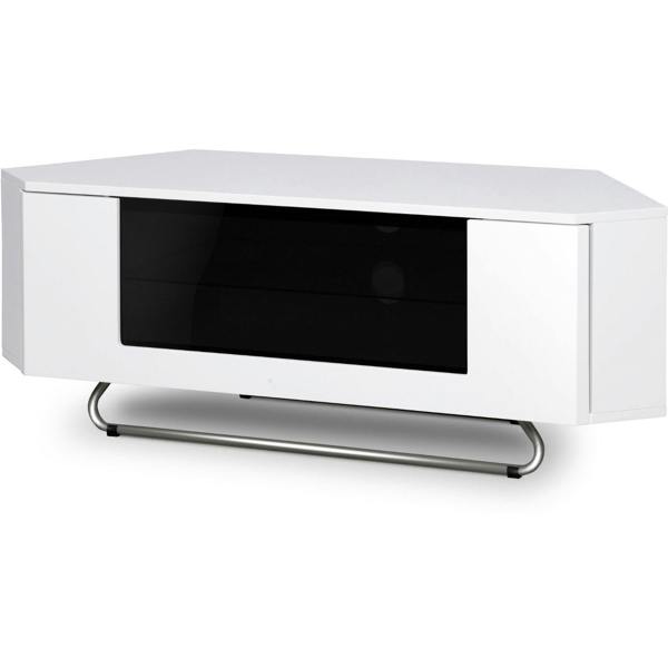 Homeology Hampshire Corner-Friendly Gloss White with Black Glass Beam-Thru Remote Friendly Door 26"-50" Flat Screen TV Cabinet