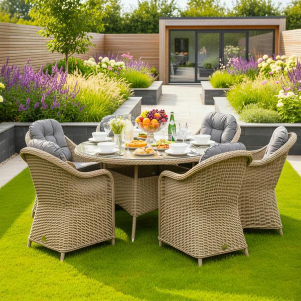 oseasons sicilia rattan 6 seat dining set with 120cm table in sandy oak