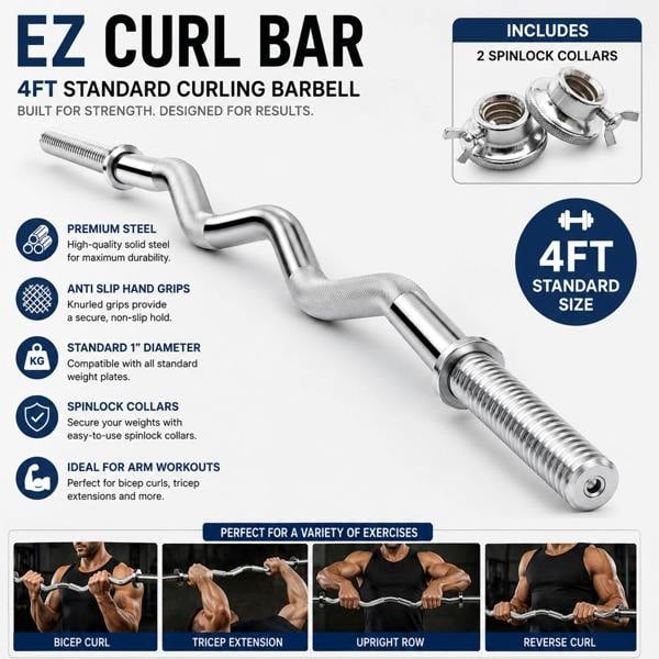 4FT EZ Curl Bar Standard Steel Chrome Barbell Anti-Slip Grips and Spinlock Collars for Weightlifting, Bodybuilding Strength Training