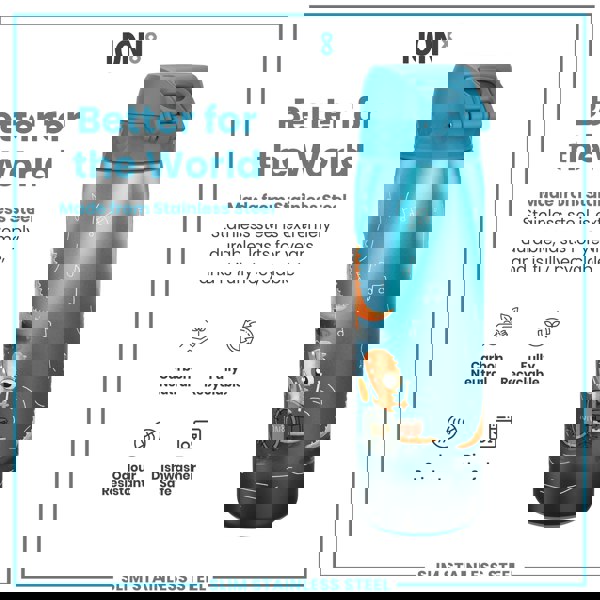 A teal stainless steel water bottle, featuring a cartoon lizard playing drums, sits against a white background. The bottle is advertised as better for the world, carbon neutral, fully recyclable, odour resistant, and dishwasher safe.