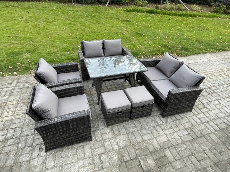 Fimous Rattan Garden Furniture Set Patio Outdoor Lounge Sofa Set with Rectangular Dining Table Double Seat Sofa 2 Small Footstools Dark Grey Mixed