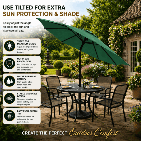 GlamHaus Garden Parasol Solar LED 2.7M ,Tilting Table Umbrella with Crank Handle, Protection UV40, Includes Parasol Cover- Green