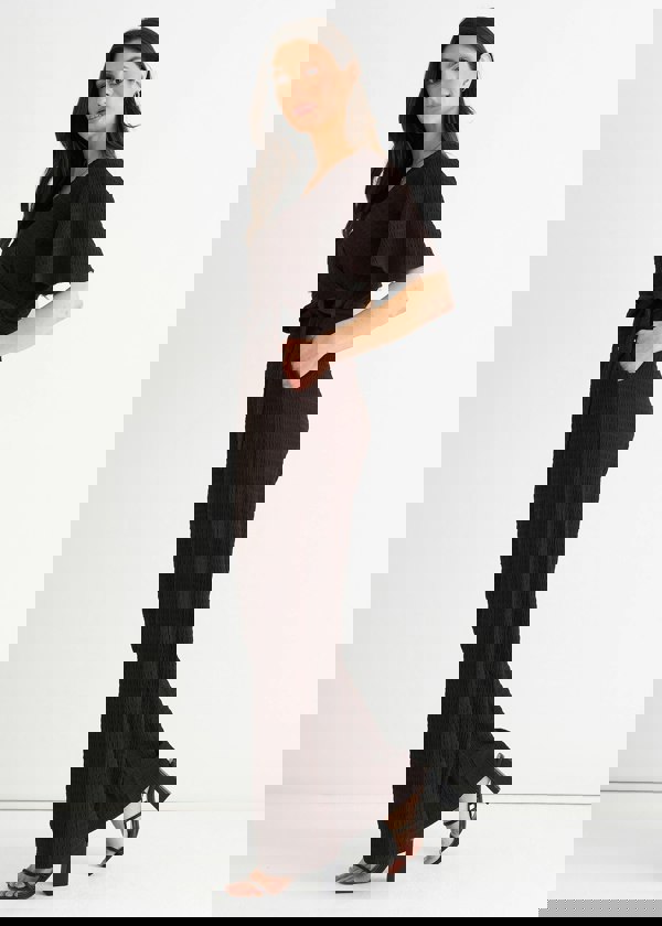 Gini London Chocolate Textured Jersey Wrap Wide Leg Jumpsuit