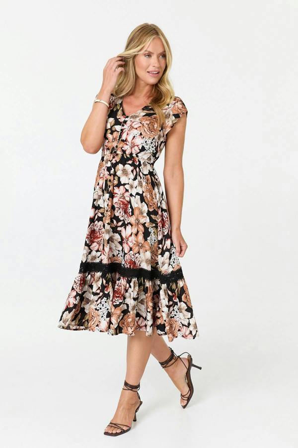 Black | Floral Cap Sleeve Relaxed Midi Dress