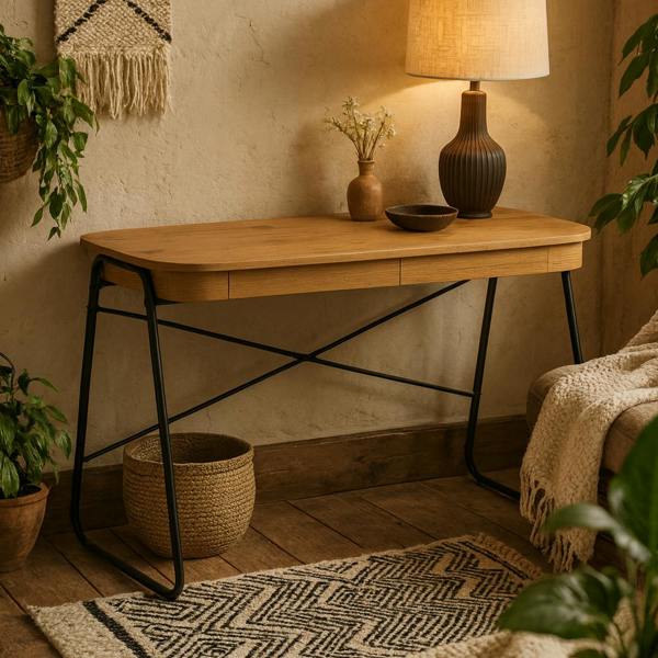 Wyld Haus Mosswood Oak Wood and Black Metal Office Desk with 2 Drawers
